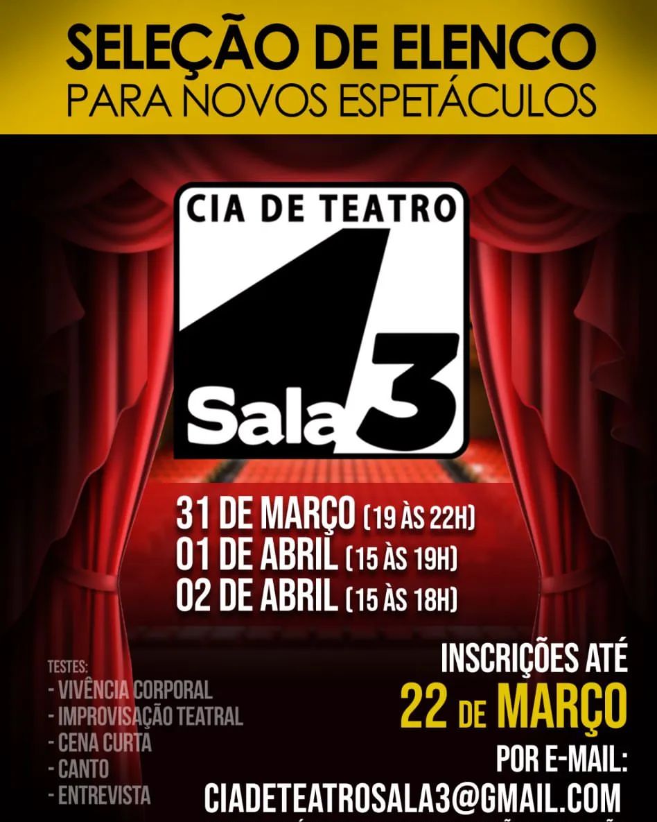 Cia. de Teatro Sala 3 abre vagas para atores e atrizes