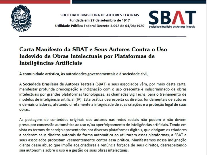 Carta Manifesto da SBAT e Seus Autores Contra o Uso Indevido de Obras Intelectuais por Plataformas de Inteligências Artificiais