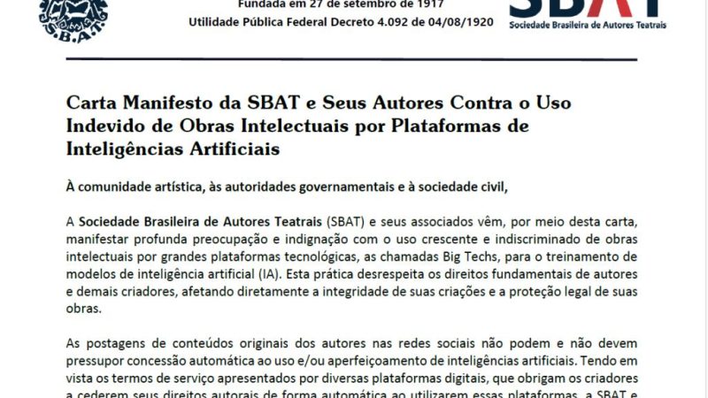 Carta Manifesto da SBAT e Seus Autores Contra o Uso Indevido de Obras Intelectuais por Plataformas de Inteligências Artificiais